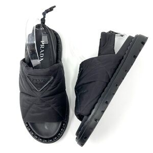 Prada Nylon Triangle Logo Flat Quilted Padded Slingback Sandals Black 38.5 8.5